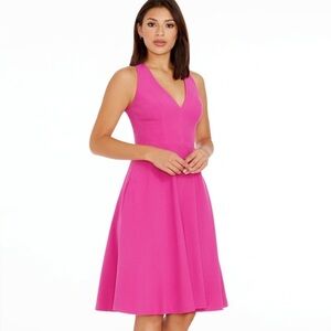 Dress The Population NWT Catalina Dress Bright Fuchsia VNeck Fit & Flare Midi S